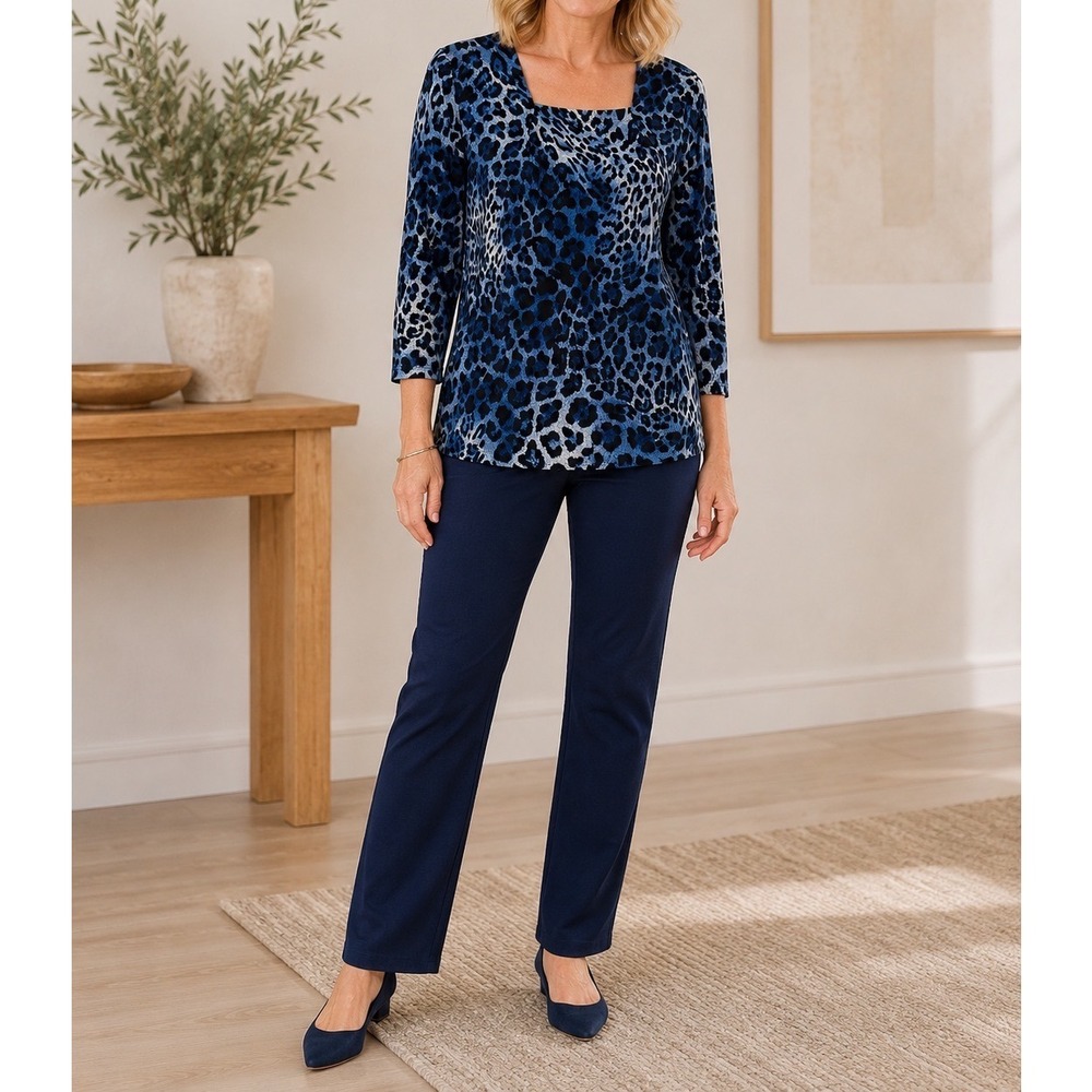 Susan Graver Blue Animal Print Square Neck 3/4 Sleeve Tunic Top Womens Size M